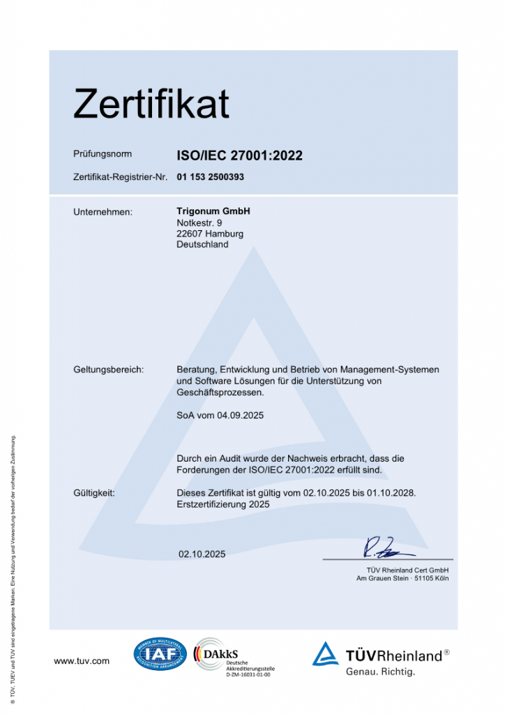 Trigonum erhält ISO 27001 Zertifikat von TÜV Rheinland